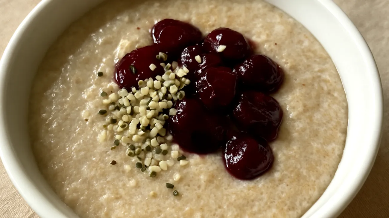 Amaranth-Pudding mit Hanfsamen und Sauerkirschen"