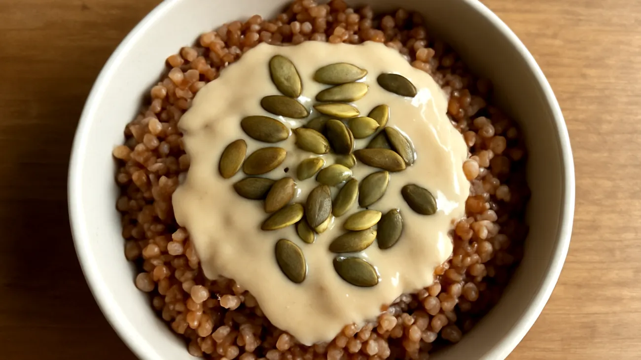 Buchweizen-Tahini-Bowl mit gerösteten Kürbiskernen"