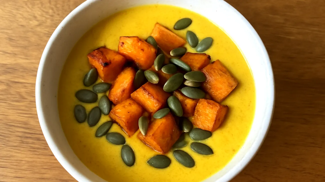 Goldene Milch-Bowl mit Süßkartoffel und Kürbiskernen"