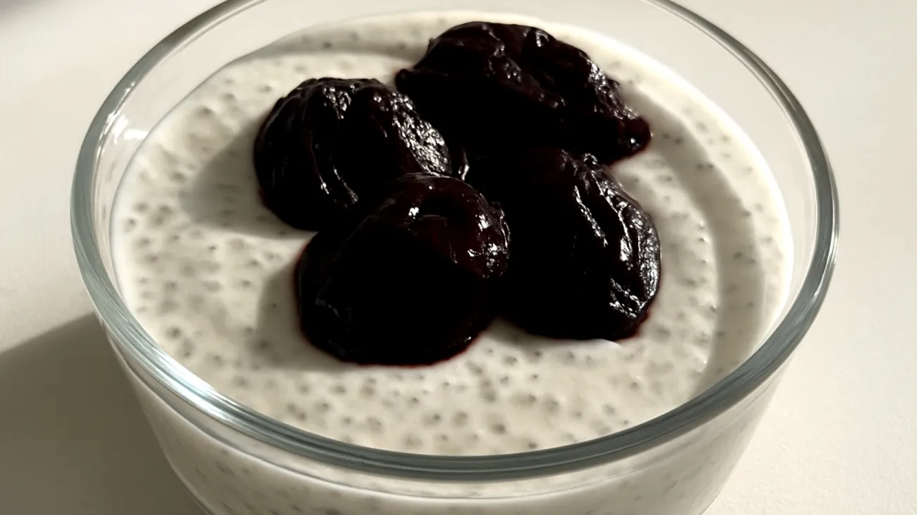 Kefir-Chia-Pudding mit fermentierten Pflaumen"