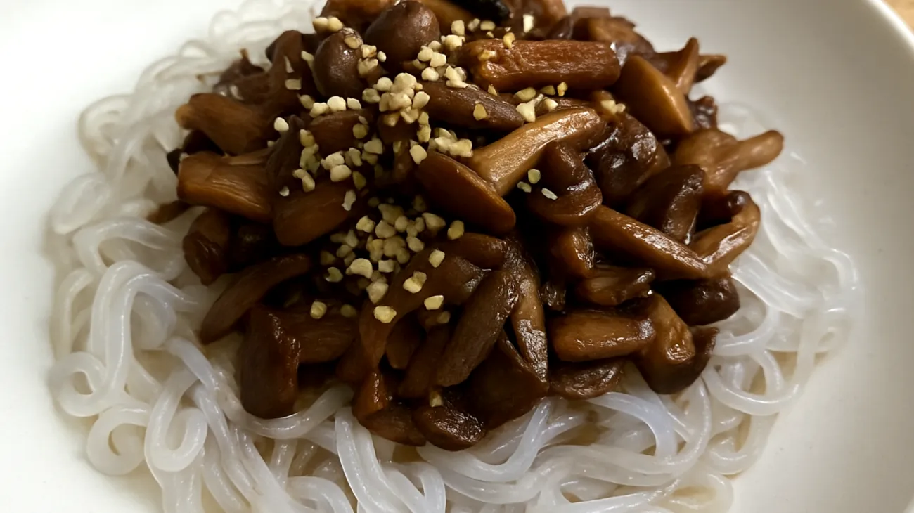 Konjac-Nudeln mit Pilzragout und Hanfsamen"