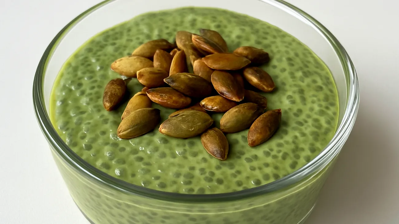 Matcha-Chia-Pudding mit gerösteten Kürbiskernen"