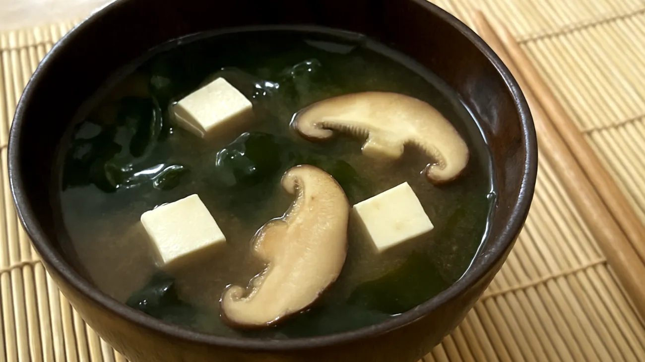 Miso-Suppe mit Wakame-Algen und Shiitake-Pilzen"