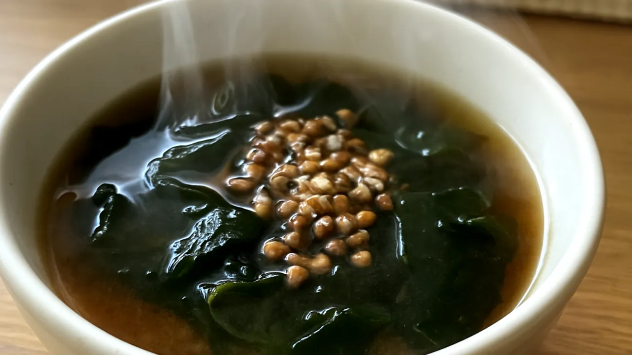 Miso-Suppe mit Wakame-Algen und geröstetem Buchweizen"