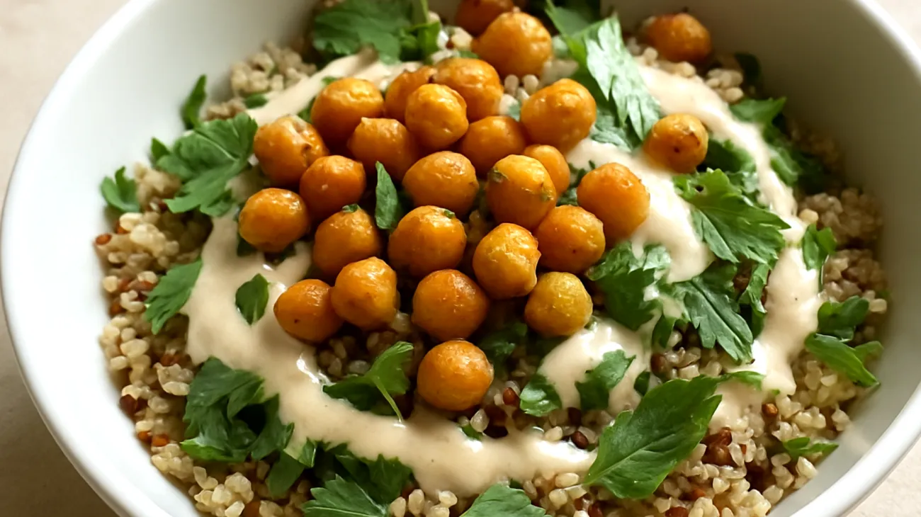 Quinoa-Salat mit gerösteten Kichererbsen und Tahini-Dressing"